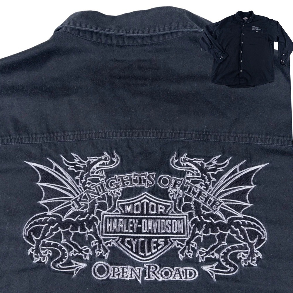 Harley Davidson Shirt Mens 2XL Black Knights Open Road Dragon Biker Button Down